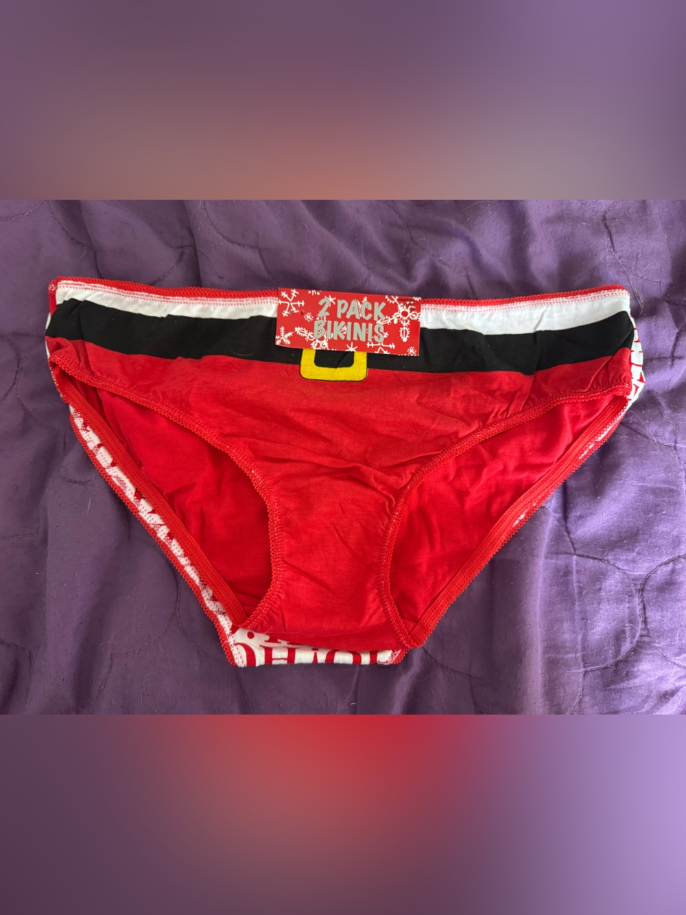 Holiday Red Bikini Briefs with Festive Belt Print